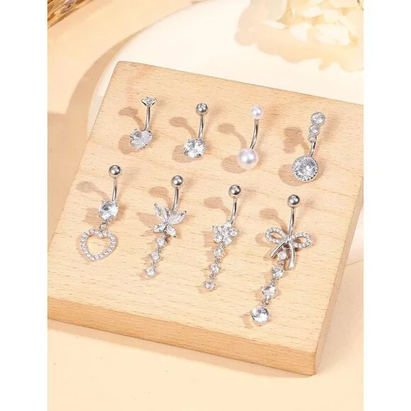 Chic 8 Pcs Belly Button Rings Set - Hypoallergenic Dangle & Short Styles - Picture 3 of 9